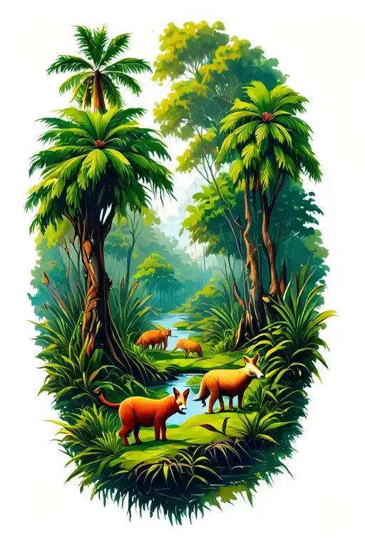 Primitive drawing of a forest with animals. Landscape with dense vegetation, grass, trees. Tropical animals and birds in tattoo design idea