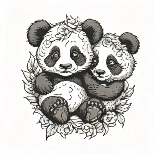 two cute baby panda bears hug each other tattoo design idea