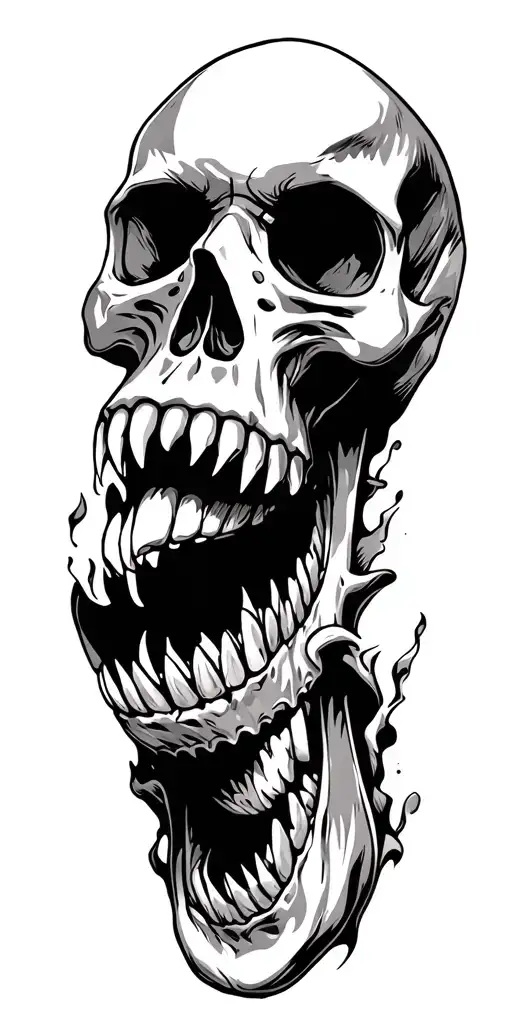 Skull with an open mouth and large sharp teeth teeth tattoo design idea