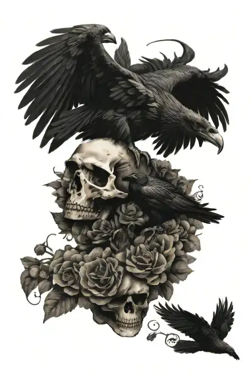 black raven with spreaded wings on top of a skull, surrounded with flowers tattoo design idea