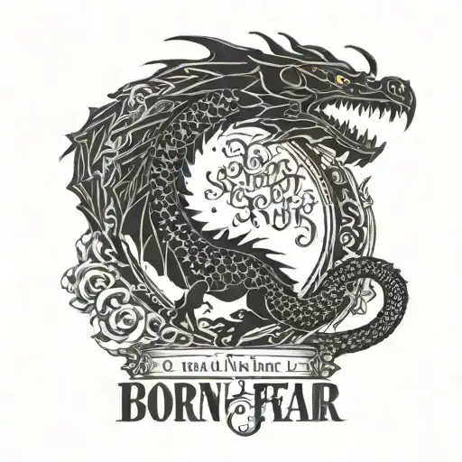 A dragon silhouette against a full moon with the quote 'Born without fear of heights' in a dotwork pattern tattoo design idea