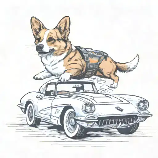 corgi driving corvette C5 tattoo design idea
