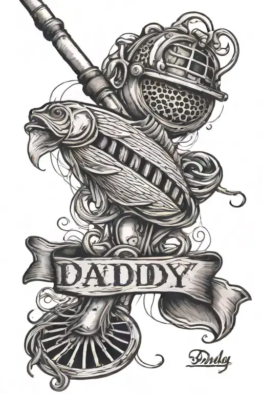 a fishing pole, with the word “Daddy” written in the fishing line that folds back towards the reel of the pole tattoo design idea