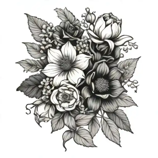 bouquet of december,june,july,november and february birth flowers tattoo design idea