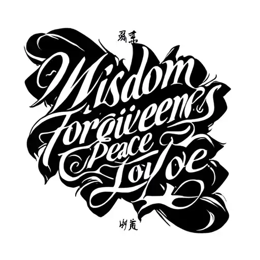 Side of neck tattoo, small Chinese language bold lettering for the words “Wisdom Forgiveness Peace Joy Love”  tattoo design idea