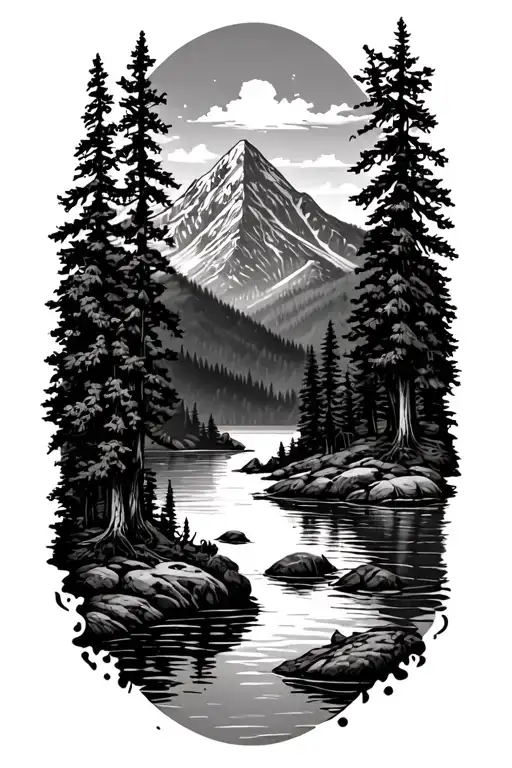 mountain scene with trees, river, lake tattoo design idea