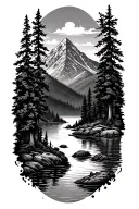 mountain scene with trees, river, lake tattoo design idea