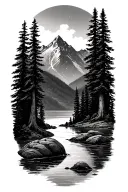 mountain scene with trees, river, lake tattoo design idea