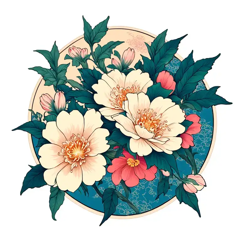 japanese flowers blooming tattoo design idea