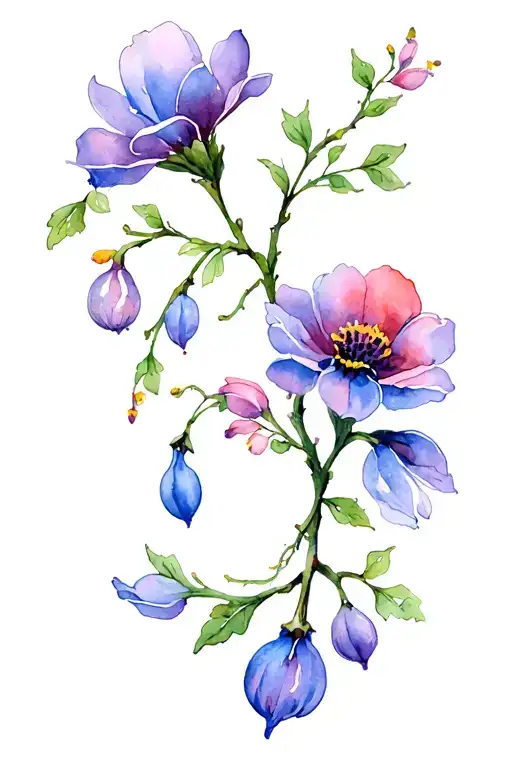  flowers branches with blooming flowers and bulbs intertwined in zodiac sign Sagittarius  tattoo design idea