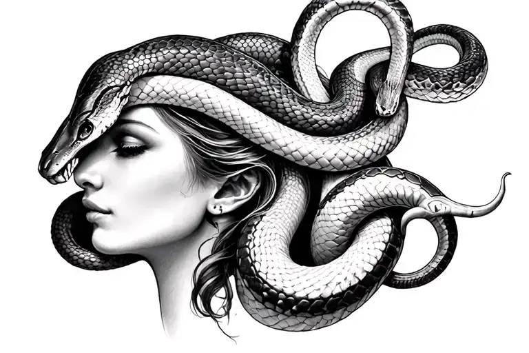 woman face and snakes going all tattoo design idea
