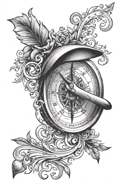 Half a compass and half a clock surrounded by musical notes tattoo design idea