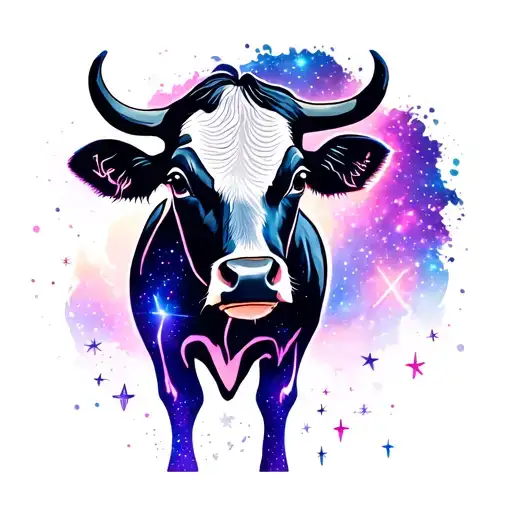 cow silhouette with neon galaxy print, cute stars outside tattoo design idea