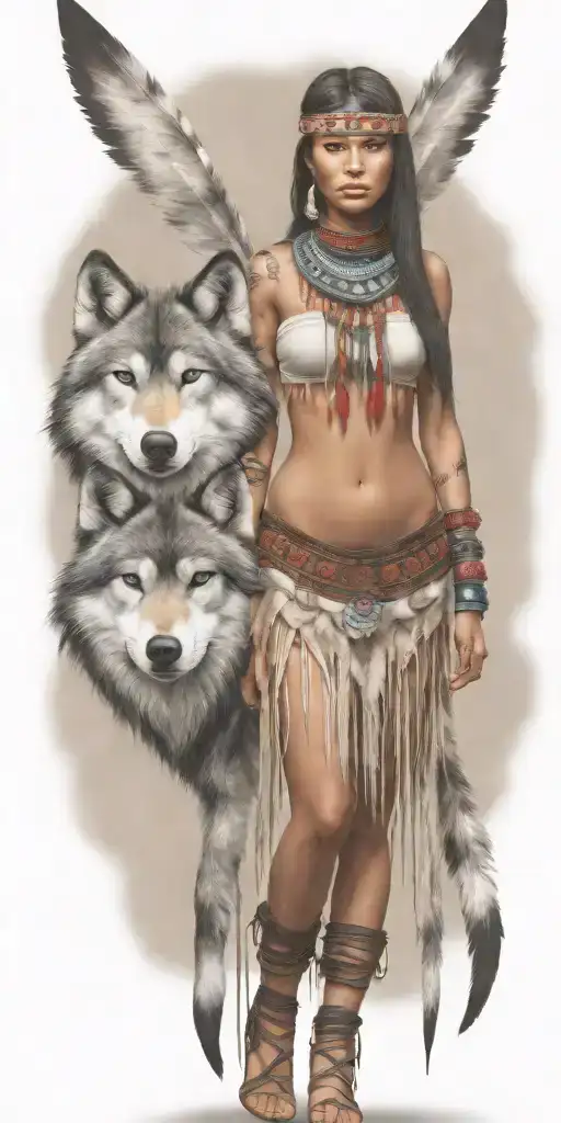young adorable navajo woman full body head dress wolf tattoo design idea