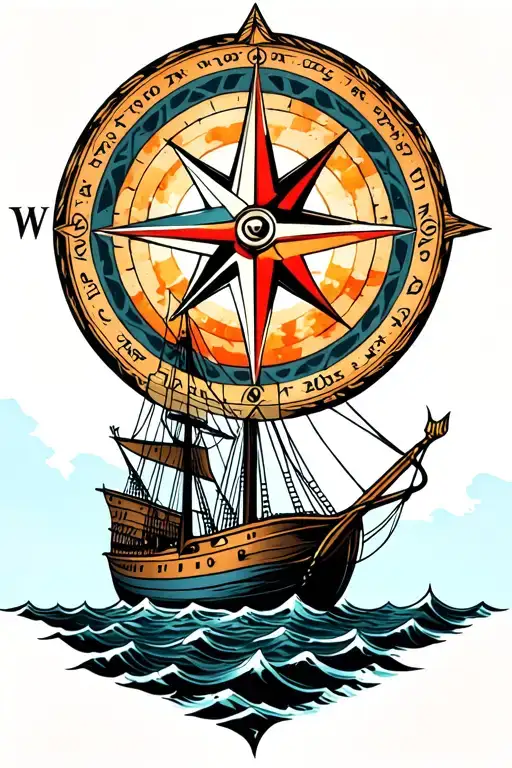 Nordic Compass in the background with a Island Viking ship sailing towards tattoo design idea