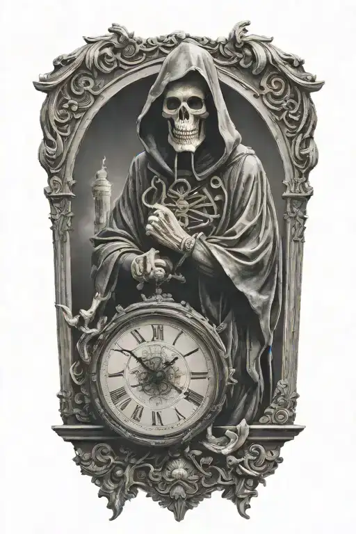 The statue of the death reaper in a hoodie points to an antique clock tattoo design idea
