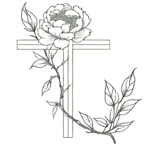 Cross (two simple thick lines) with peonies on a vine wrapped around the cross tattoo design idea