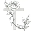 Cross (two simple thick lines) with peonies on a vine wrapped around the cross tattoo design idea