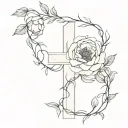 Cross (two simple thick lines) with peonies on a vine wrapped around the cross tattoo design idea