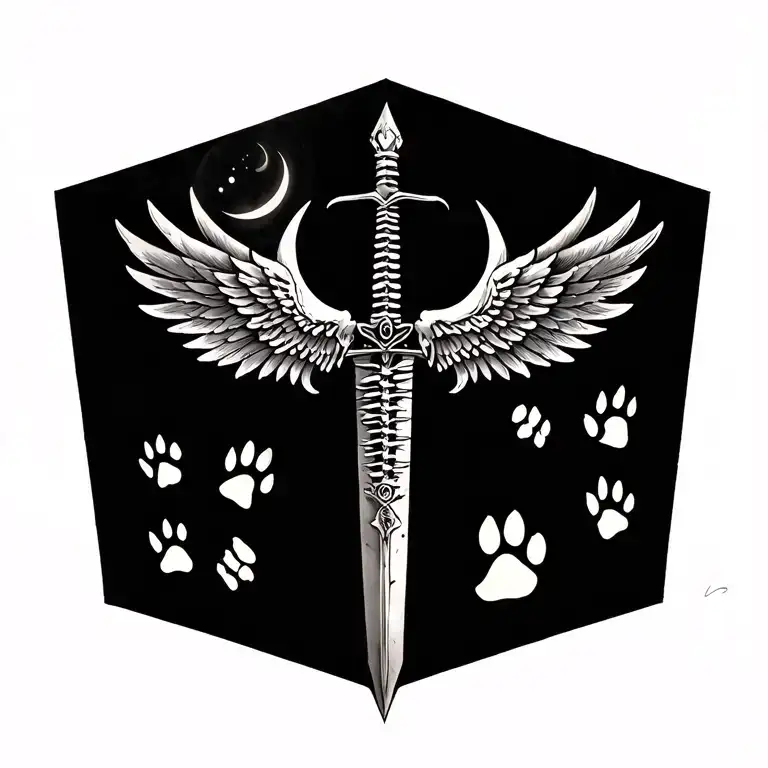spine tattoo, dagger, Winx club wings, moon, paw prints tattoo design idea