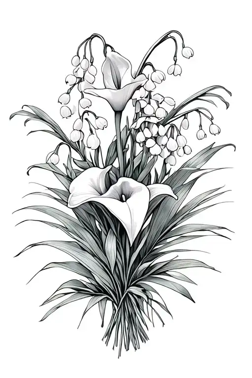 lily of the valley, calla lilies, snow drops, and palms in a bouquet tattoo design idea
