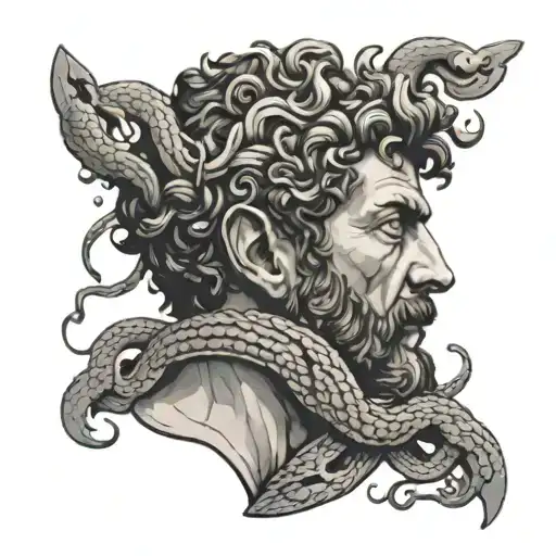 marcus aurelius face with snakes coming out of his head tattoo design idea