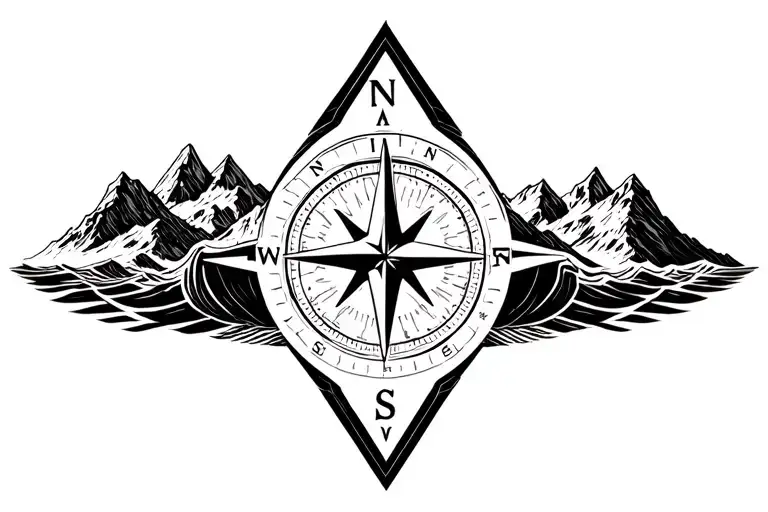 large compass surrounded by intricate geometric white cap mountain range, crashing waves, black & white, triangle frame tattoo design idea
