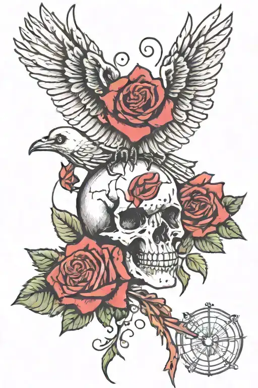 the skeleton's hand holds a rose a raven flying over a rose color tattoo tattoo design idea