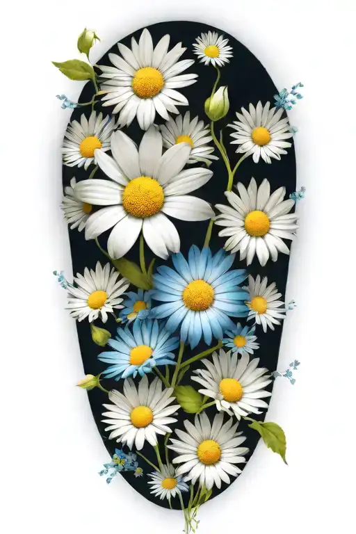 an intricate boquet of white and blue daisys and a lot of space between the flowers  tattoo design idea