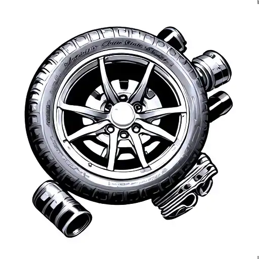 car wheel, turbo in the middle and pistons next to it tattoo design idea
