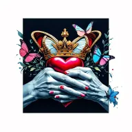 a claddugh symbol consisting of two hands clasping a heart mounted by a crown with a butterfly landing on back on hand.  tattoo design idea