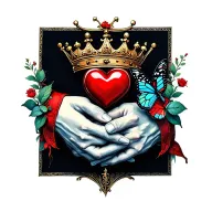 a claddugh symbol consisting of two hands clasping a heart mounted by a crown with a butterfly landing on back on hand.  tattoo design idea