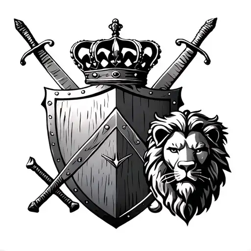 queen's crown on top, two crossed swords and a shield with lion design.  tattoo design idea