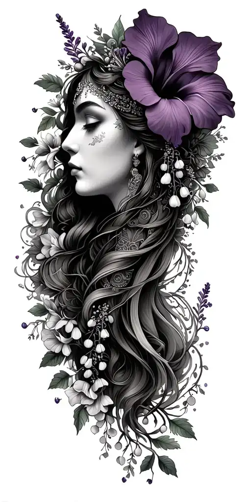 divine feminine face framed by hibiscus, lavender, and lily of the valley, flowing into mandalas and vines tattoo design idea