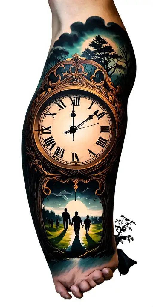 creepy forest scene with black sky with family walking and golf course and clock tattoo design idea