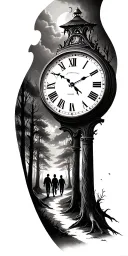creepy forest scene with black sky with family walking and golf course and clock tattoo design idea
