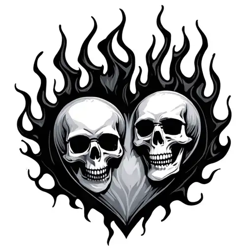 the saying cold heart with skulls and flames tattoo design idea