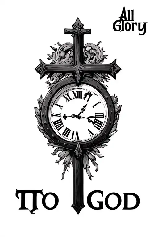The words All Glory above  a cross and To God below it, make the letter G inside a a clock with roman numerals  tattoo design idea