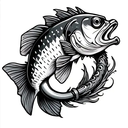 black and white detailed bass fishing hook intertwined tattoo design idea
