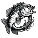 black and white detailed bass fishing hook intertwined tattoo design idea