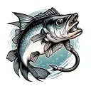 black and white detailed bass fishing hook intertwined tattoo design idea