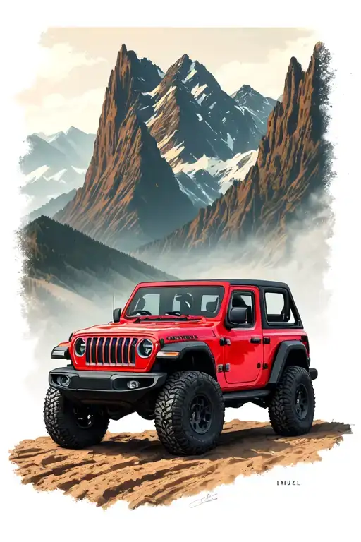 red open jeep standing in front of a offdriving mountain tattoo design idea