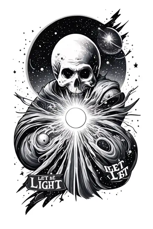 "Let there be light" cosmic space theme arm sleeve tattoo design idea