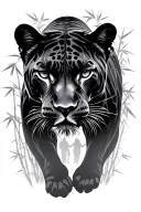 darker realistic panther front view with silhouettes of bamboo in the backround tattoo design idea