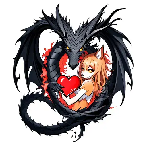 tattoo of a black dragon wrapped around a shattered heart held by an anime fox girl tattoo design idea