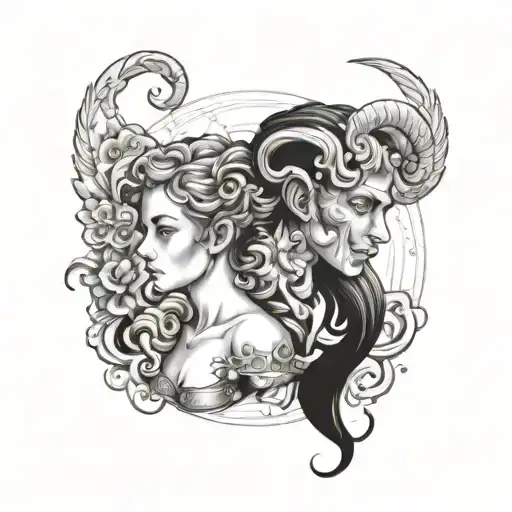 gemini twin boy and girl being dominated by aries female 3 creatures involved tattoo design idea
