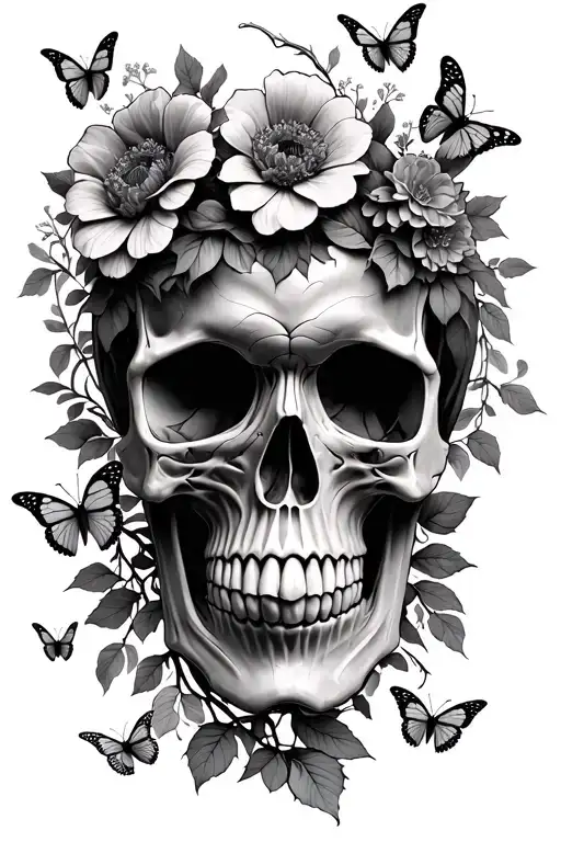 skull with flowers and vines and butterflies all around it tattoo design idea