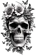 skull with flowers and vines and butterflies all around it tattoo design idea