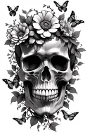 skull with flowers and vines and butterflies all around it tattoo design idea