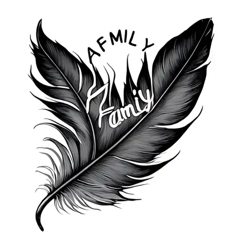 bird feather with the word family inside the feather tattoo design idea